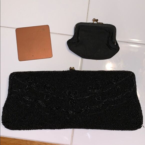 Vtg Walborg black beaded evening bag/mirror & coin purse - Picture 2 of 8